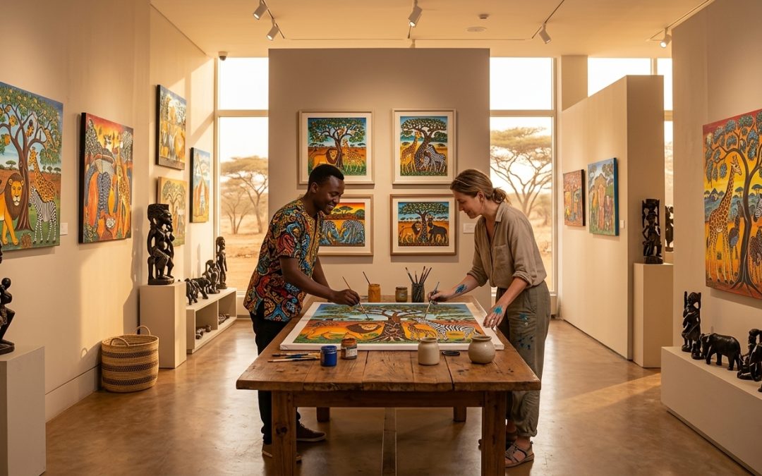 Guest and local artist painting together at an African art workshop in Tanzania