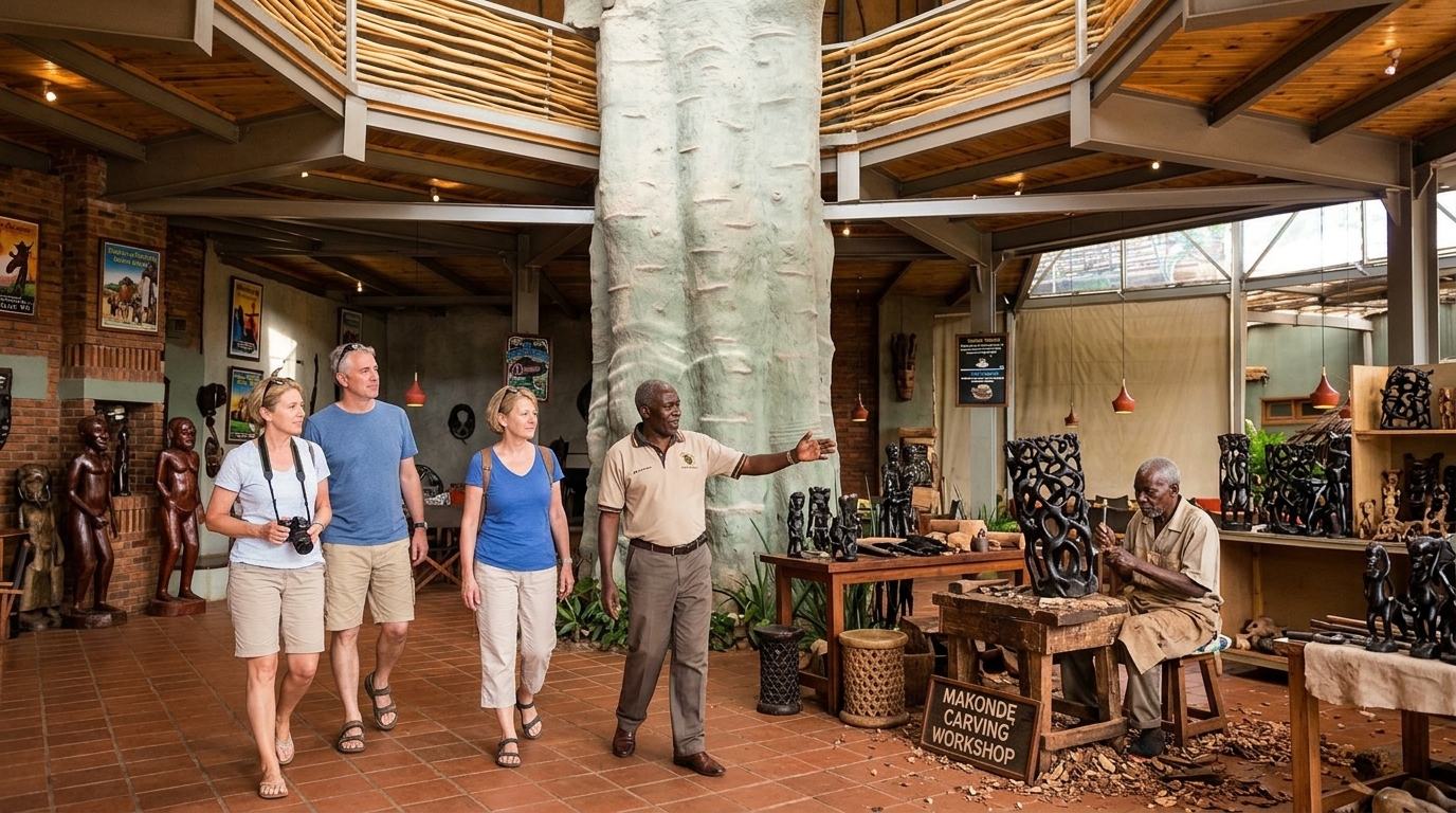 Guide leading a local Tanzanian tour group through African Galleria near Karatu