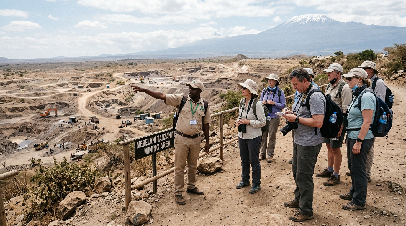 Visitors on a tanzanite gem tour near Merelani Hills close to Mount Kilimanjaro