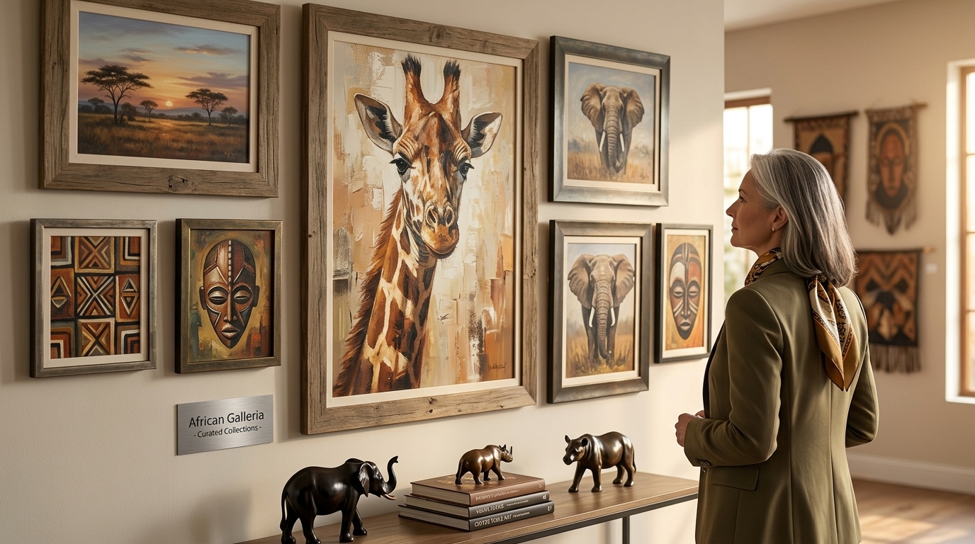 Collection of African paintings displayed inside African Galleria near Karatu Tanzania