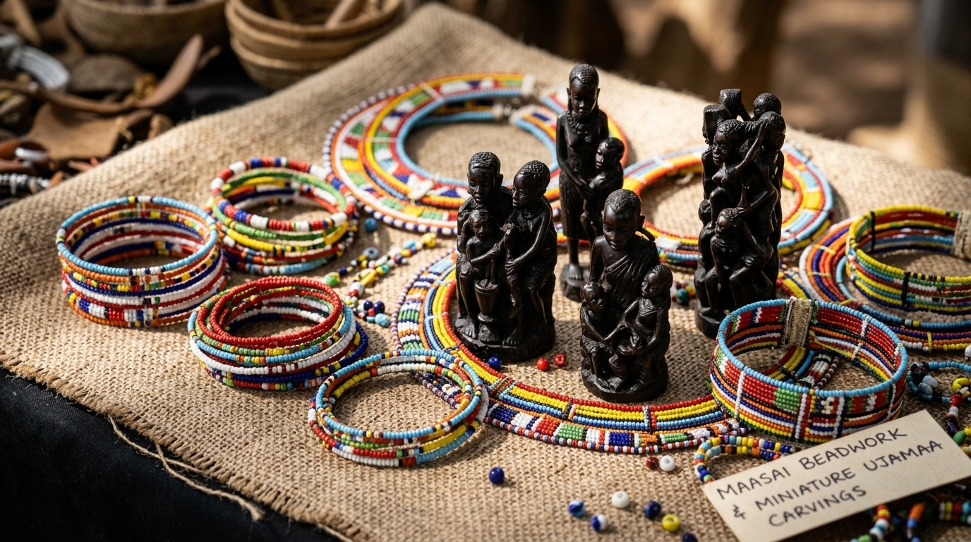 Handmade beadwork and wood carvings on display in African Galleria craft collection