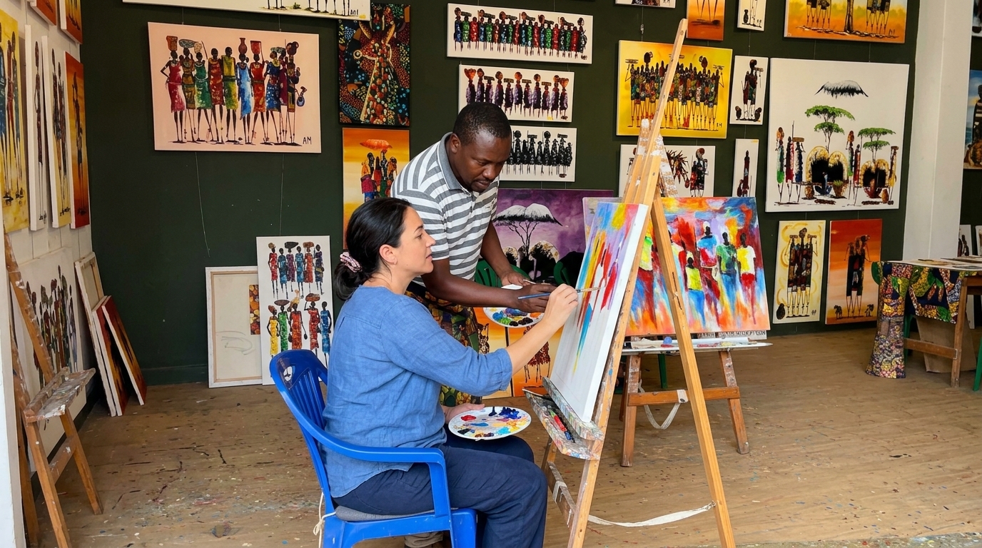 Visitor taking part in an African art workshop painting session near Karatu