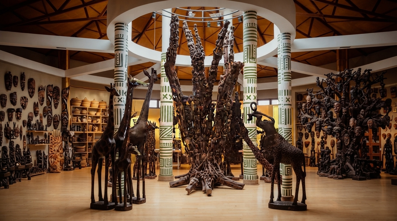 Makonde carver shaping a wood carving inside African Galleria