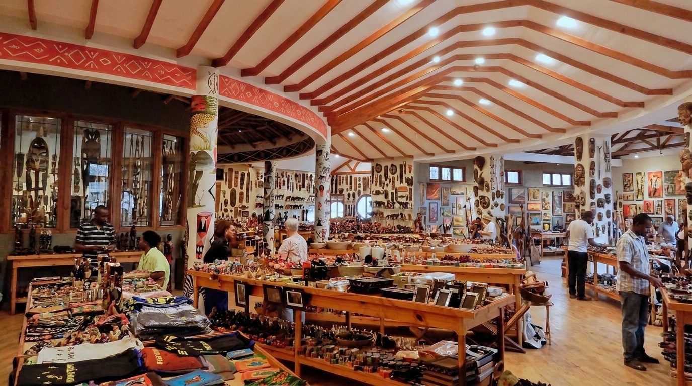 Visitors exploring African Galleria art gallery at Safariland near Karatu Tanzania