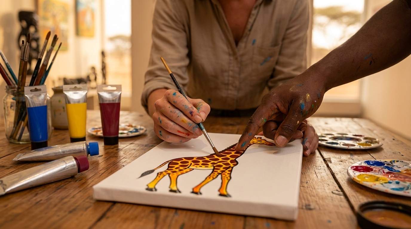 Guest painting alongside a local artist during a Tingatinga painting workshop in Tanzania