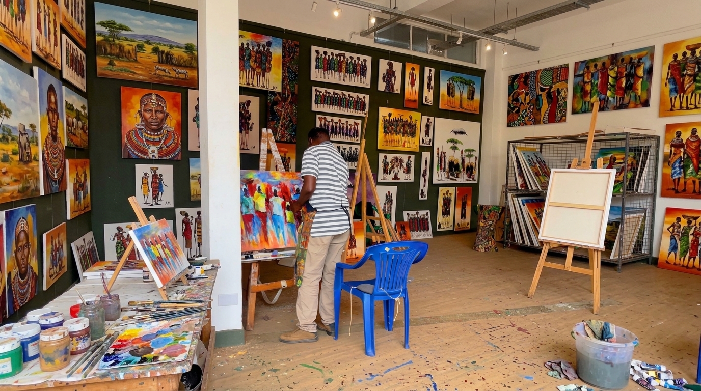 Local artist guiding a visitor through a painting workshop at African Galleria