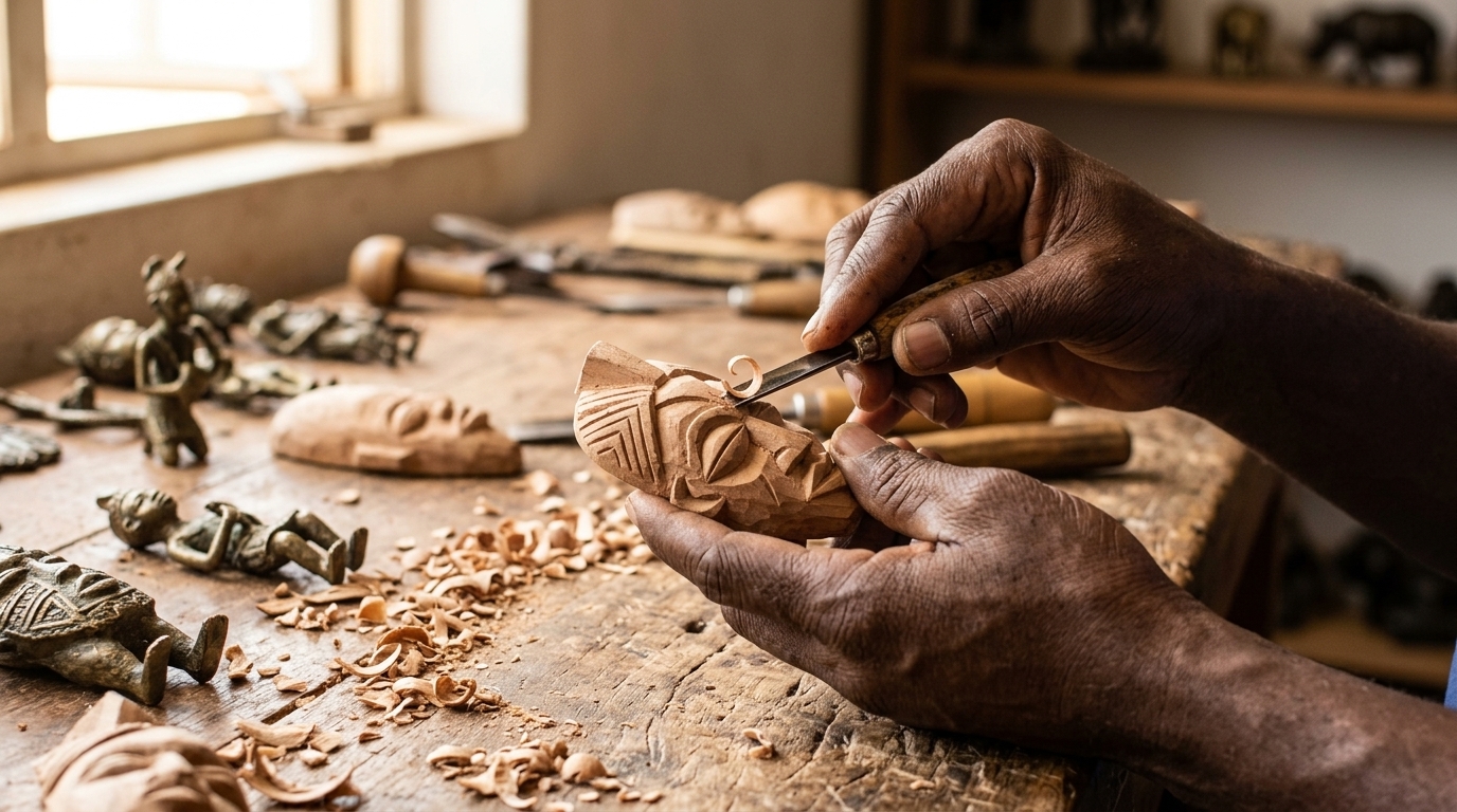 Artisan carving wooden crafts by hand near Karatu Tanzania