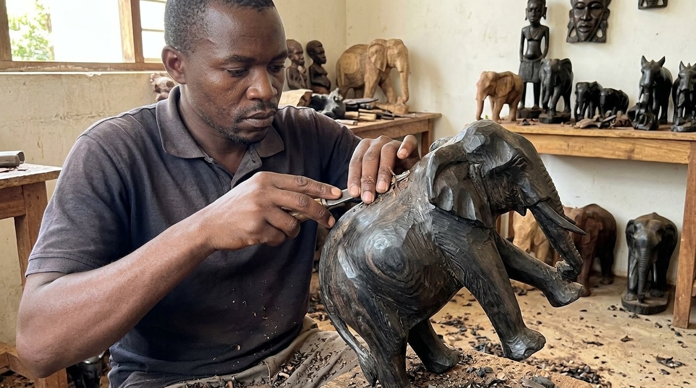 Makonde carver demonstrating ebony carving technique during a workshop tour