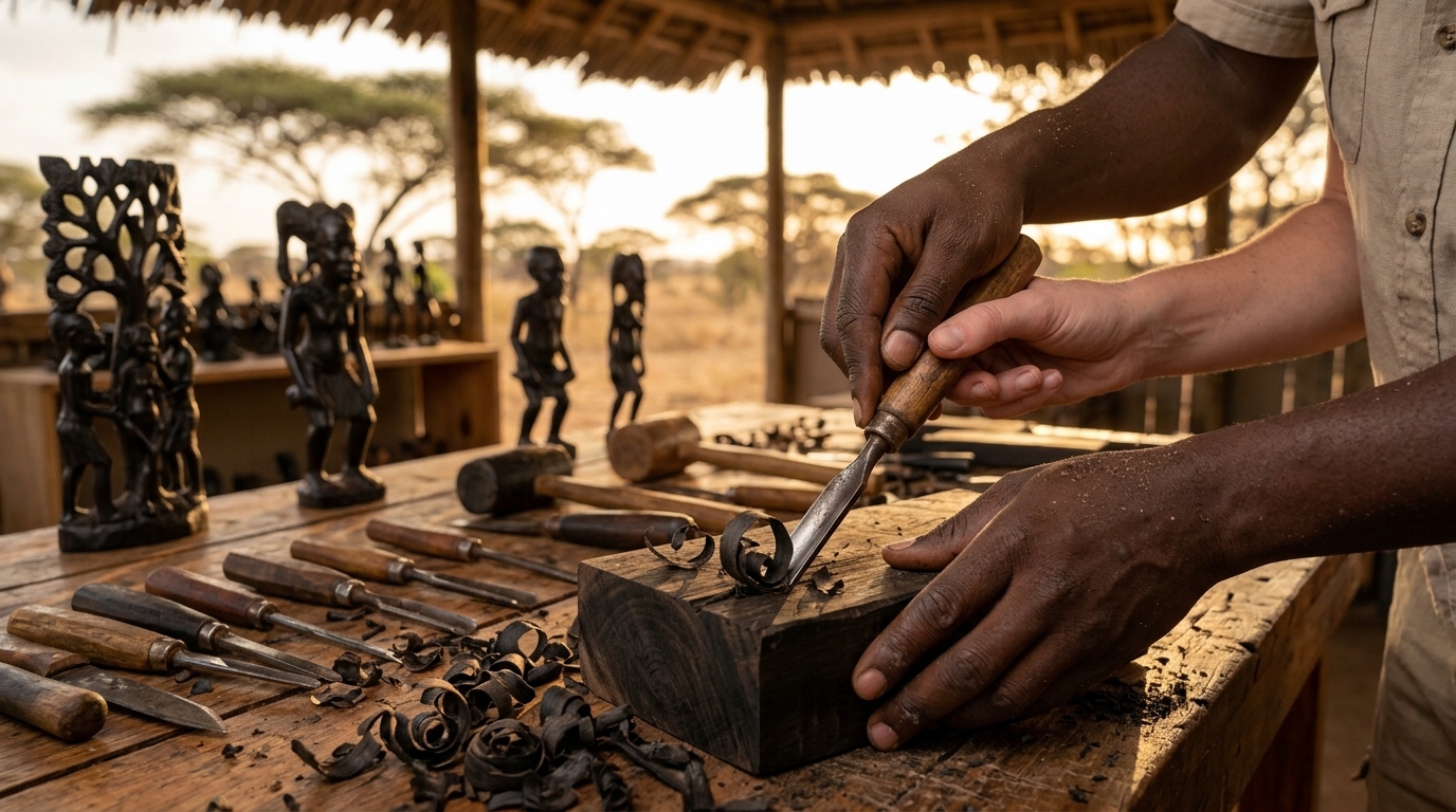 Makonde carver showing ebony carving tools to a guest during an African art workshop in Tanzania