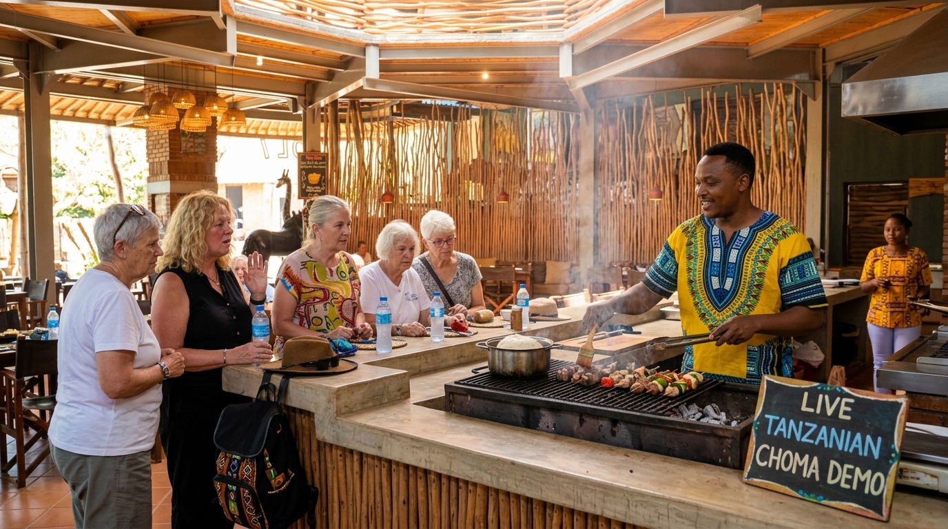 Tourists taking part in a cooking demonstration tour at Ol Mesera Restaurant Tanzania