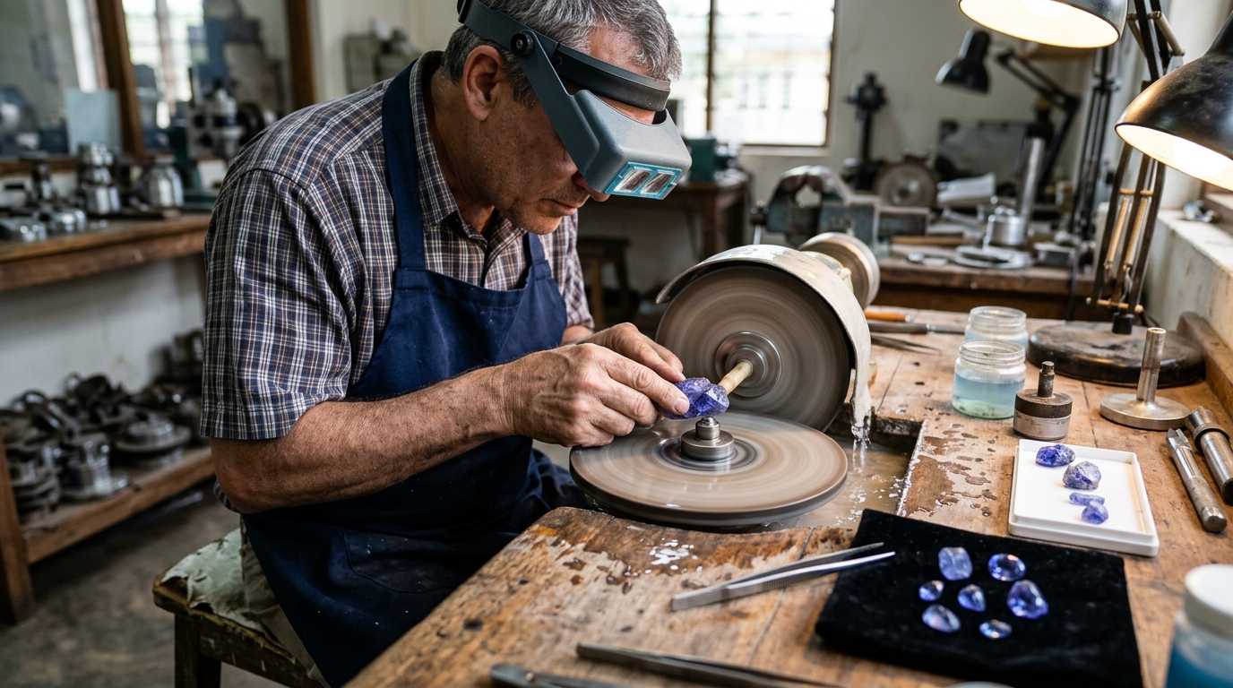 Cutter shaping rough tanzanite stone in a workshop near Arusha Tanzania