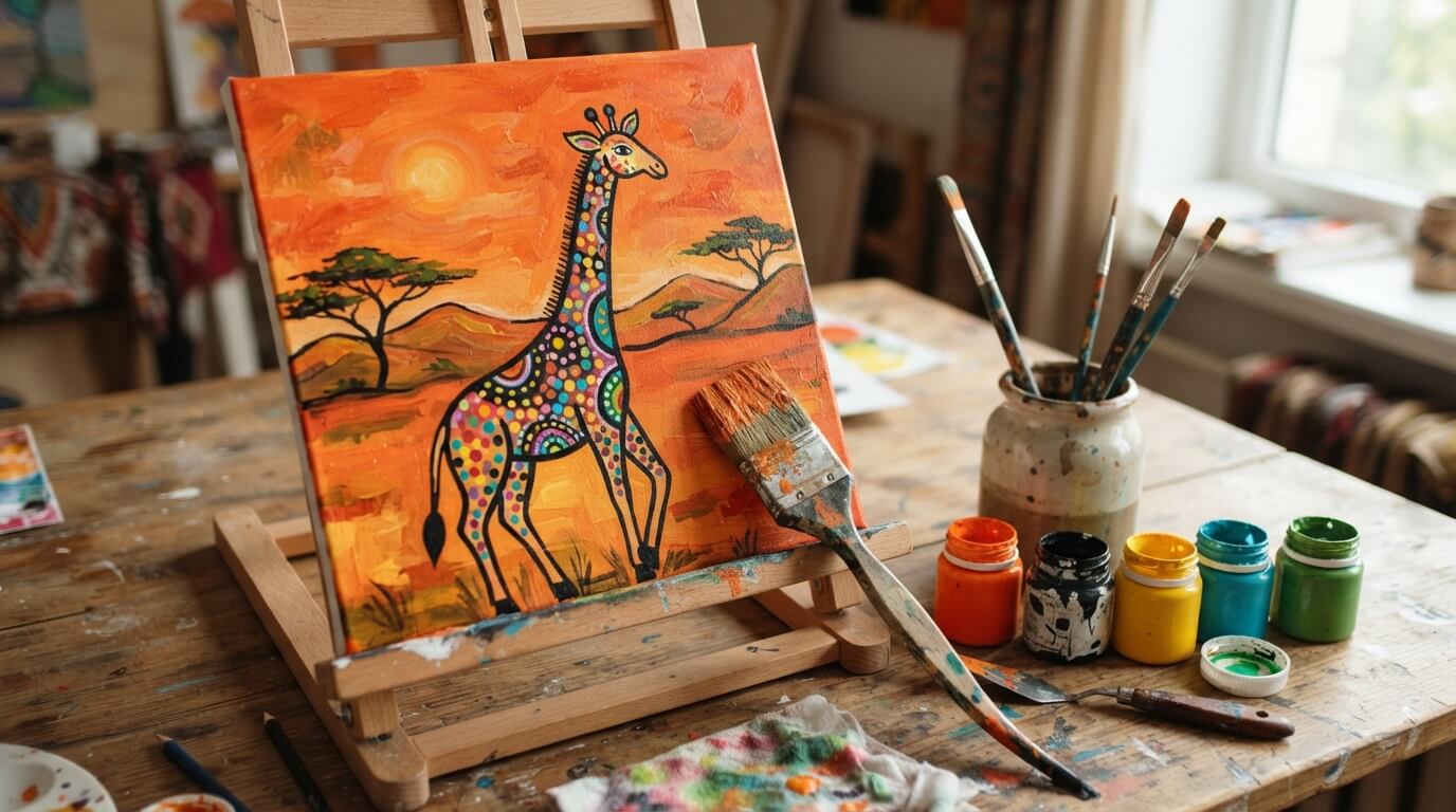 Tingatinga-style giraffe painting in progress at a painting workshop in Tanzania